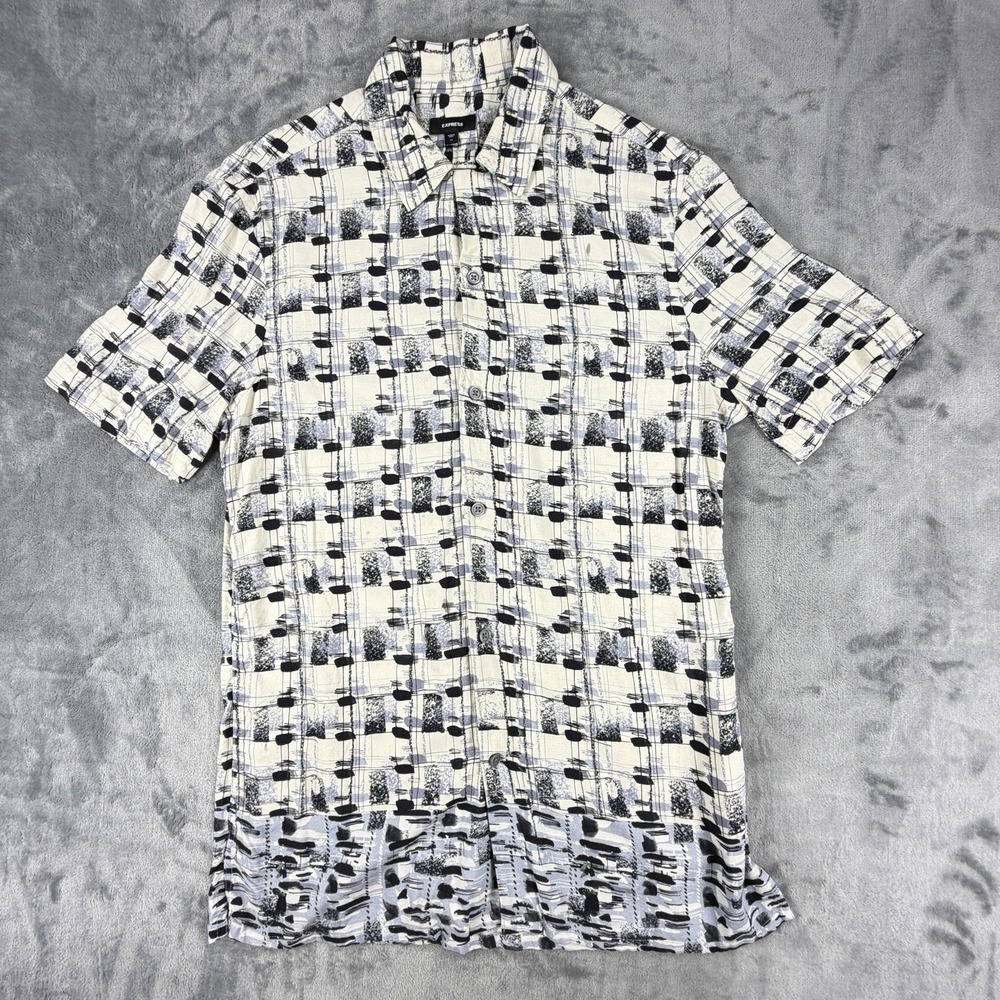 Express Men's XS Cream Abstract Geometric Rayon Short Sleeve Button-Up Shirt